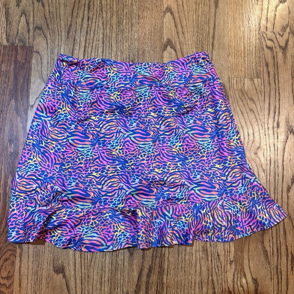 Birdies and Bows Skort Womens L Pink Blue Animal Print Ruffle Hem Golf Tennis